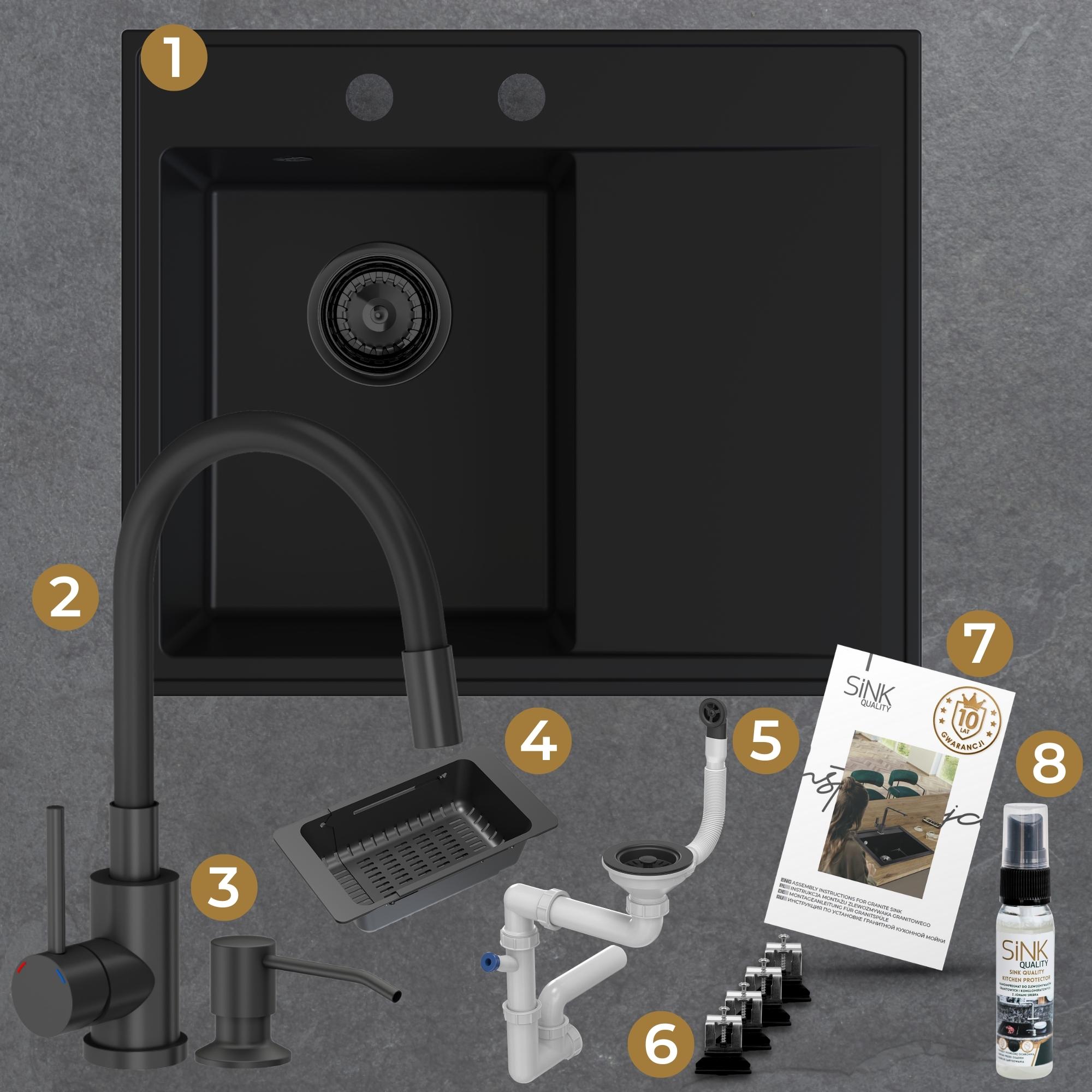 Zestaw gotowy do montażu - zlew, bateria, dozownik, mata, syfon, zaczepy, instrukcja, gwarancja, impregnat